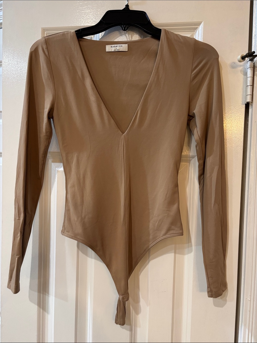 Babaton Neutral Taupe V-Neck Long-Sleeve Bodysuit
